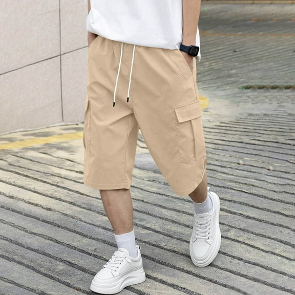 DPTALR George Men's Cargo Shorts,Stretch Waist Comfy Chino Athletic,Cotton Casual Summer Knee Length Bermuda Shorts with Multi Pockets,Khaki,Big and Tall Men L