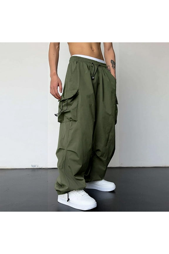Men's Casual Baggy Cargo Parachute Pants Street Y2K Style with Drawstring and Flat Pockets, Army Green Big and Tall Men L