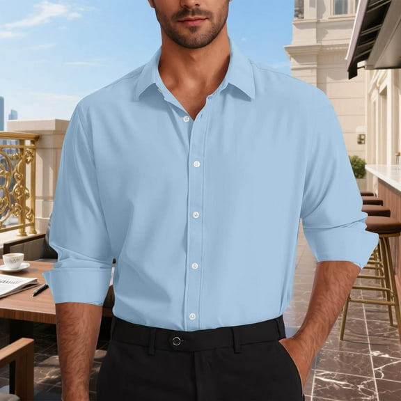 DPTALR George Men's Casual Business Fashion Solid Color Button-Down Long Sleeve Workwear Shirt,Sky Blue,Big and Tall Men XL