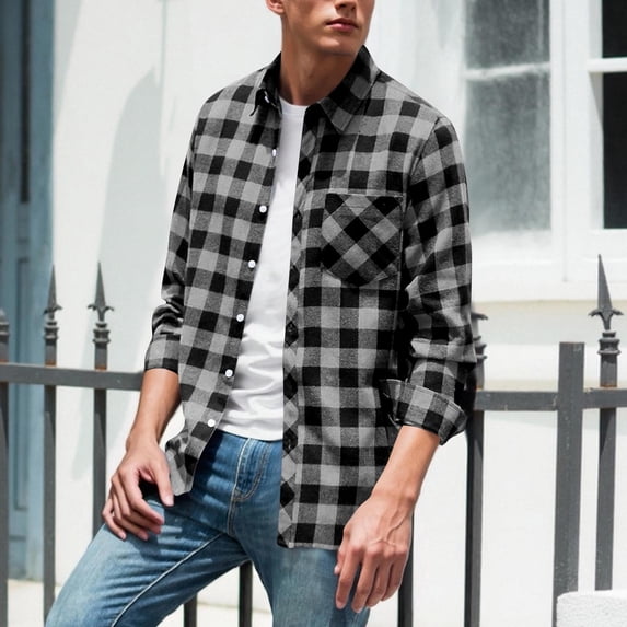 DPTALR George Men's Casual Fashion Button-Down Checkered Long Sleeve Turndown Collar Elastic Waist Shirt,Gray,Big and Tall Men S