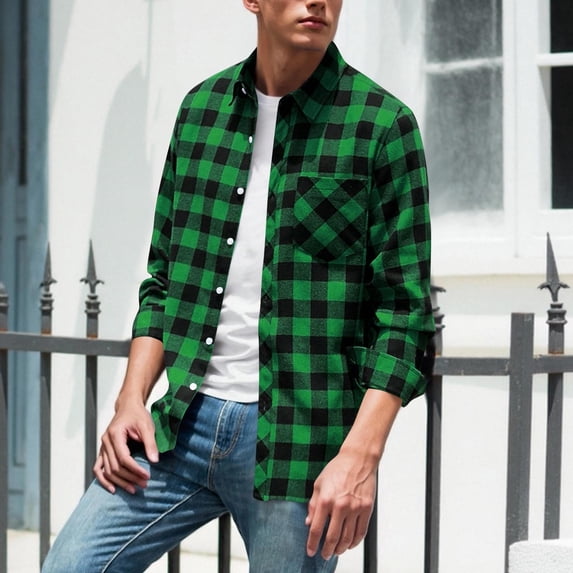 DPTALR George Men's Casual Fashion Button-Down Checkered Long Sleeve Turndown Collar Elastic Waist Shirt,Green,Big and Tall Men XL