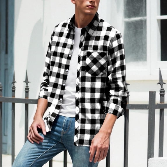 DPTALR Men's Casual Fashion Button-Down Checkered Long Sleeve Turndown Collar Elastic Waist Shirt,White,XXL