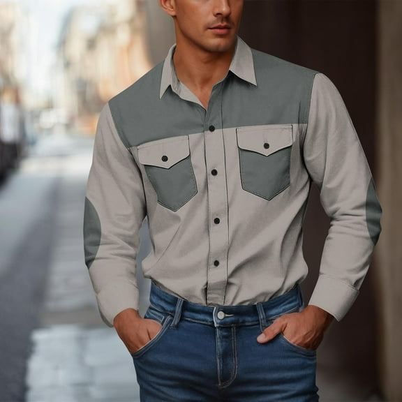 DPTALR George Men's Casual Fashion Button Down Print Long Sleeve Work Shirt with Double Pockets,Turndown Collar,Gray,Big and Tall Men XXL