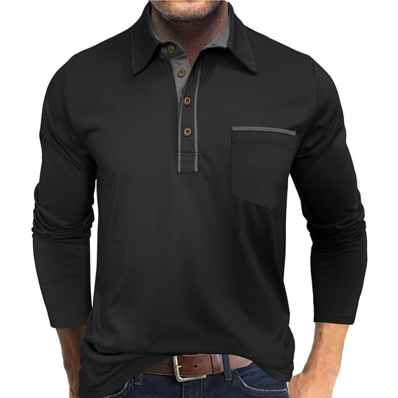 DPTALR George Men's Casual Fashion Long-Sleeve Button Patchwork T-Shirt Turndown Collar,Black Big and Tall Men XL