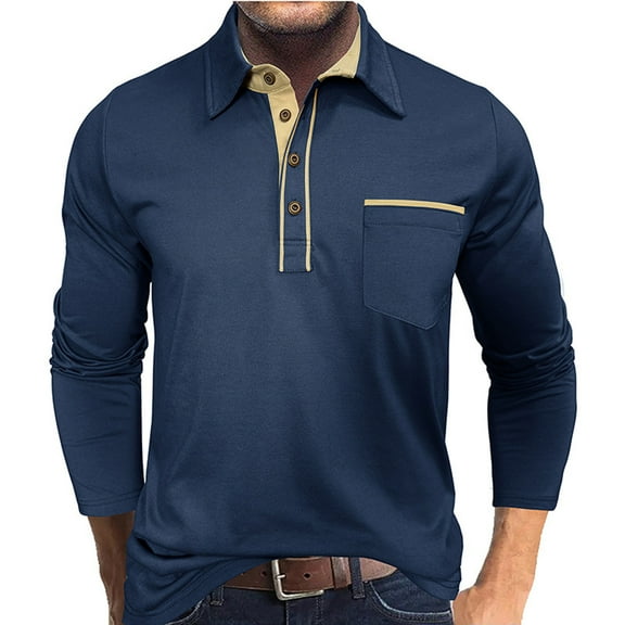 DPTALR George Men's Casual Fashion Long-Sleeve Button Patchwork T-Shirt Turndown Collar,Navy Big and Tall Men XXL