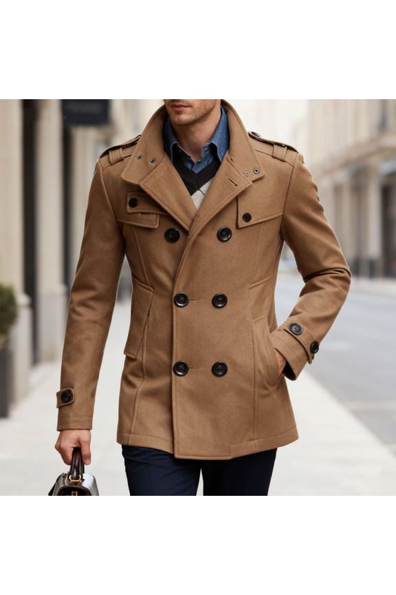 Men's Casual Fashion Long Sleeve Lapel Woolen Coat with Pocket,Buttons,Khaki,Big and Tall Men XXL