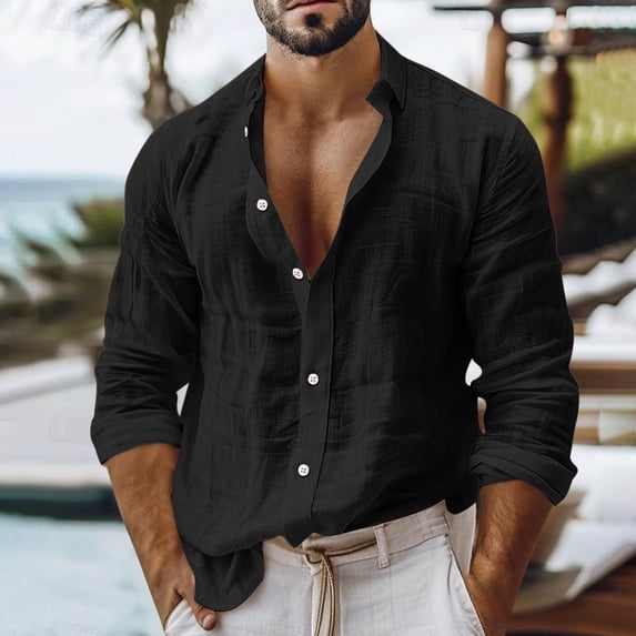 DPTALR Men's Casual Fashion Long-Sleeve Shirt Turn-Down Collar Button Design,Black,S