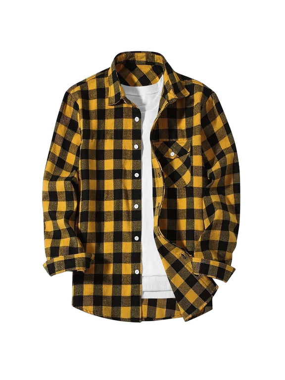 Men's Casual Fashion Plaid Turn-Down Collar Button-Up Long Sleeve Shirt,Yellow,L