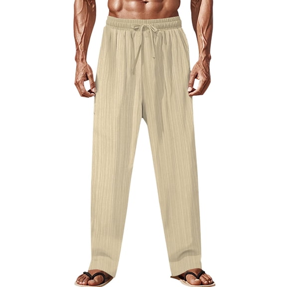 DPTALR Men's Casual Fashion Solid Color Elastic Waist Drawstring Pants, BeigeS