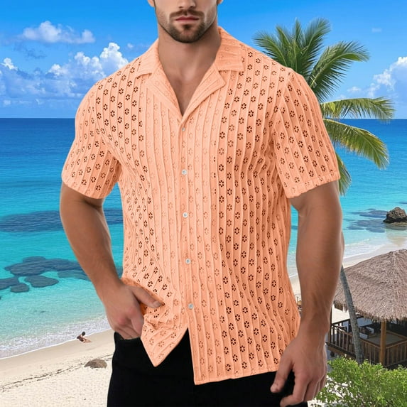 DPTALR George Men's Casual Fashion Turndown Collar Solid Short Sleeve Button Shirts,Orange,Big and Tall Men S