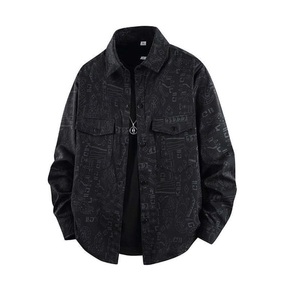 DPTALR Men's Casual Loose Long Sleeve Turn Down Collar Shirt Jacket,Black ,L