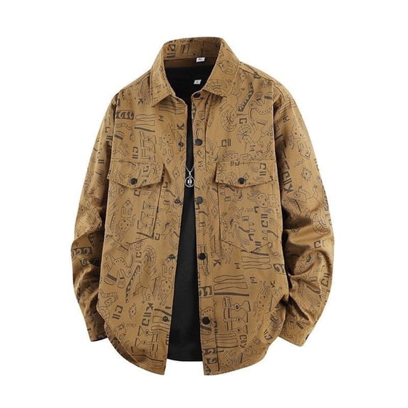 DPTALR Men's Casual Loose Long Sleeve Turn Down Collar Shirt Jacket,Coffee,L