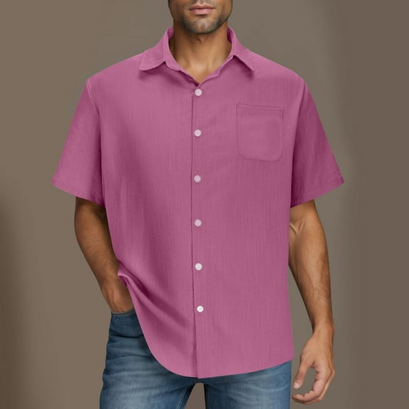 DPTALR George Men's Casual Short Sleeve Button Down Shirts,Summer Cuban Wedding Hawaiian Vacation Beach Styles,Hot Pink,Big and Tall Men XXL