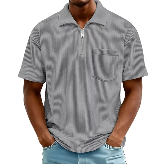 DPTALR Men's Casual Short Sleeve Quarter-Zip Shirt,Solid Color,Lapel Collar,Chest Pocket,Gray,XXL