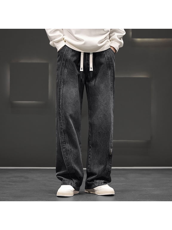 Men's Casual Solid Color Drawstring Straight Leg Jeans,Black Big and Tall Men XXL