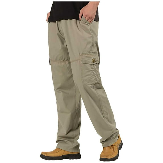 DPTALR Men's Casual Solid Color Elastic Waist Cargo Pants with Drawstring,Zipper and Pockets,Khaki Big and Tall Men XXL