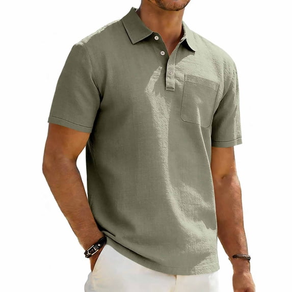 DPTALR Men's Casual Solid Color Lapel Half-buttoned Short Sleeve Blouse Top,Army Green, L