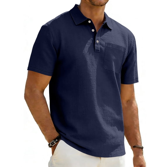 DPTALR Men's Casual Solid Color Lapel Half-buttoned Short Sleeve Blouse Top,Navy, XL