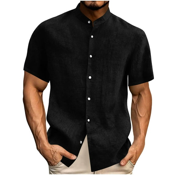 DPTALR Men's Casual Solid Color Short Sleeve Stand Collar T-shirt,Black, L