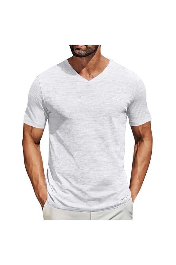 Men's Casual Solid Color V Neck Short Sleeve Pullover,White M