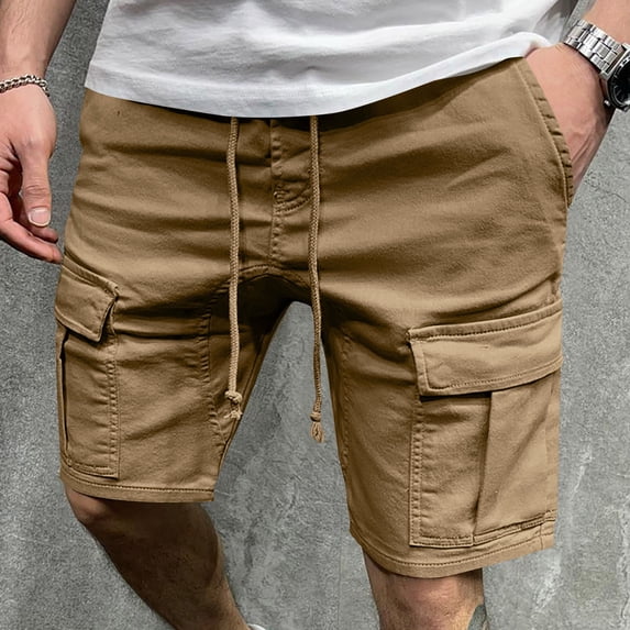 DPTALR Men's Casual Twill Cargo Shorts,Cotton Drawstring Classic Stretch Cargo with Multiple Pockets,Khaki,Big and Tall Men M