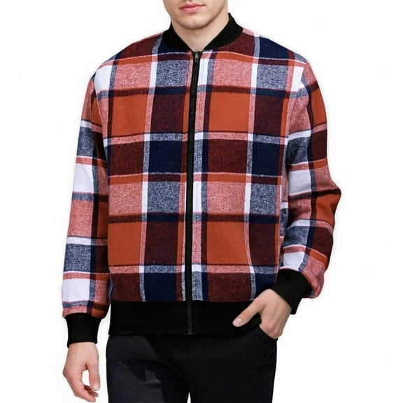 DPTALR George Men's Checkered Flannel Zipper Jacket,Casual Long-Sleeved,Orange,Big and Tall Men S