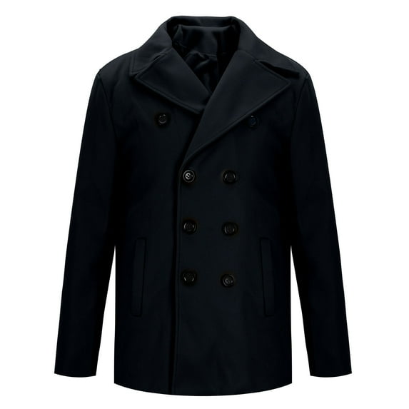 DPTALR Men's Classic Notched Collar Double Breasted Wool Blend Pea Coat,Black,XL