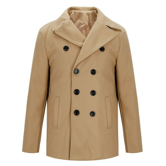 DPTALR George Men's Classic Notched Collar Double Breasted Wool Blend Pea Coat,Khaki,Big and Tall Men XS