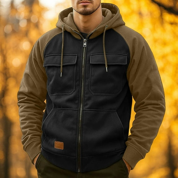 DPTALR Men's Color-Blocked Full-Zip Hoodie for Outdoor Sports,Casual Wear,Black,Big and Tall Men XXXL