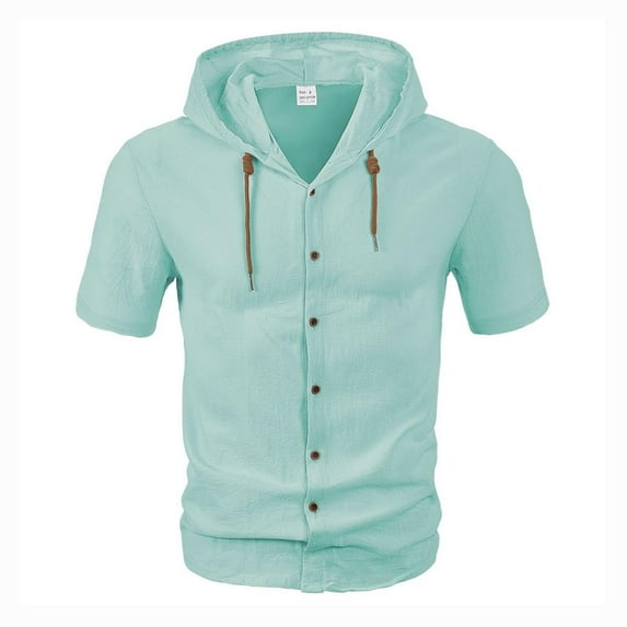 DPTALR Men's Cotton Linen Shirts Short Sleeve Casual Sweatshirts Button Down Summer Beach Shirts with Hoodies GreenBig and Tall Men L