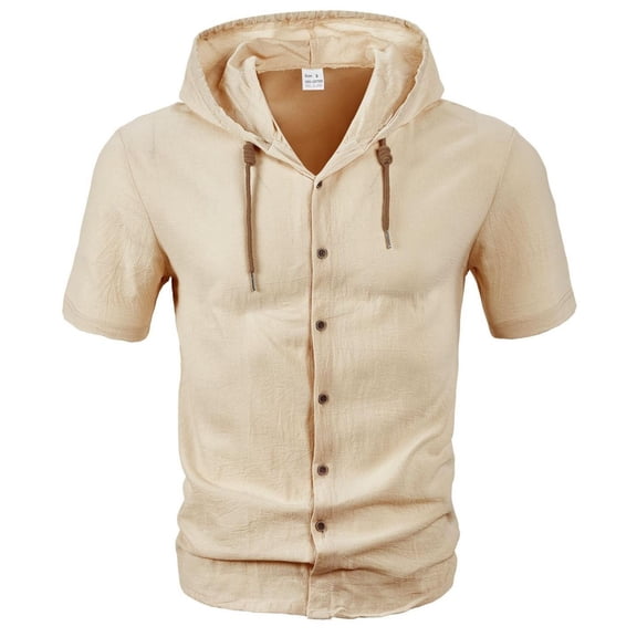 DPTALR George Men's Cotton Linen Shirts Short Sleeve Casual Sweatshirts Button Down Summer Beach Shirts with Hoodies KhakiBig and Tall Men XXL