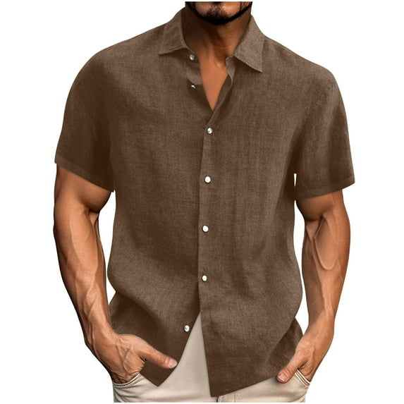 DPTALR Men's Linen Short Sleeve Button Down Shirts,Casual Vacation Beach Summer Tops,Brown,L