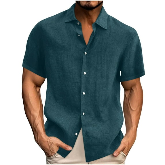 DPTALR George Men's Cotton Linen Short Sleeve Button Down Shirts,Wrinkle Free,Casual Vacation Beach Summer Tops,Navy,Big and Tall Men XXXXXL