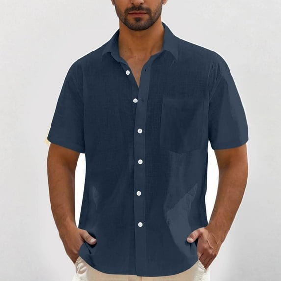 DPTALR George Men's Cotton Linen Short Sleeve,Casual Lightweight Button Down,Vacation Beach Summer Tops with Pocket,Dark Blue,Big and Tall Men XXL