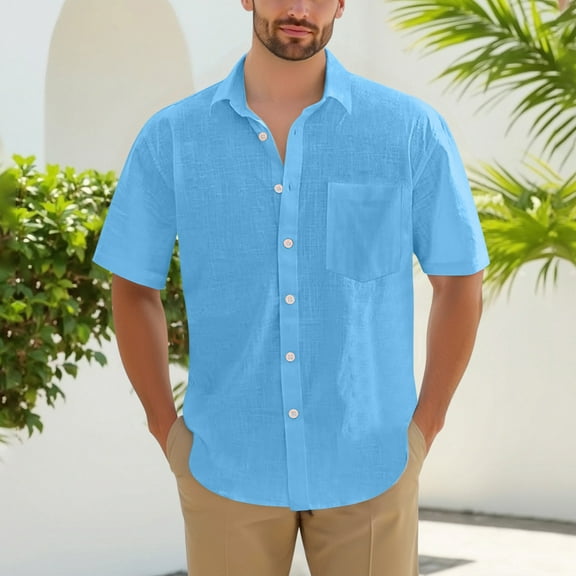 DPTALR George Men's Cotton Linen Short Sleeve Shirts,Casual Lightweight Button Down,Vacation Beach Summer Tops with Pocket,Sky Blue,Big and Tall Men XXXL