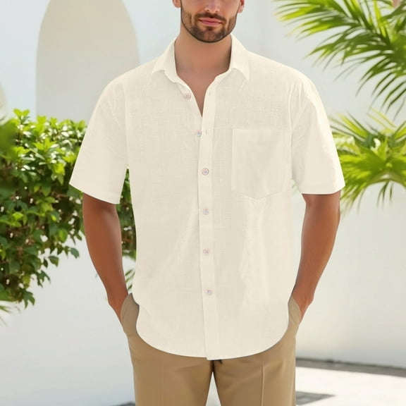 DPTALR George Men's Cotton Linen Short Sleeve Shirts,Casual Lightweight Button Down,Vacation Beach Summer Tops with Pocket,Beige,Big and Tall Men XXL