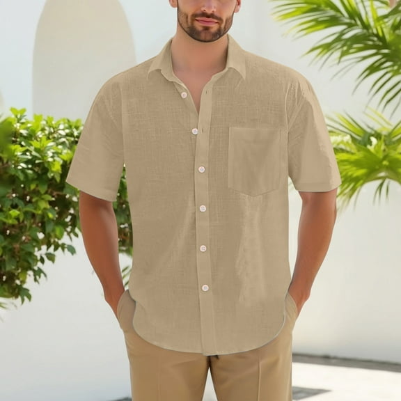 DPTALR George Men's Cotton Linen Short Sleeve Shirts,Casual Lightweight Button Down,Vacation Beach Summer Tops with Pocket,Khaki,Big and Tall Men M