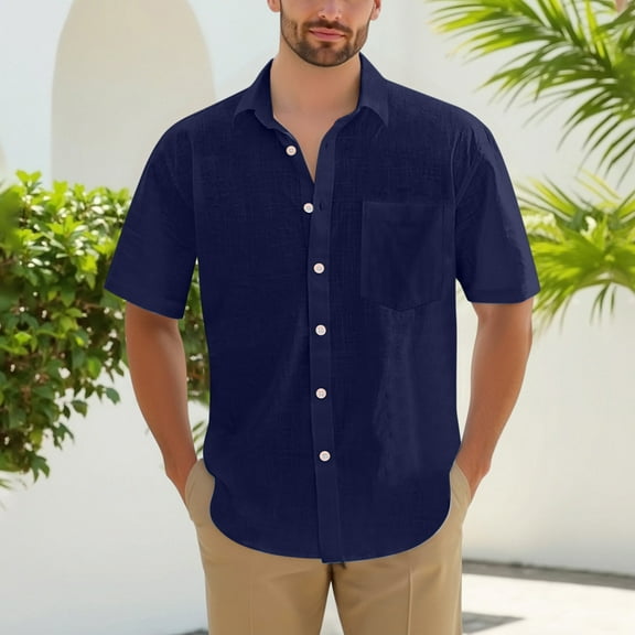 DPTALR George Men's Cotton Linen Short Sleeve Shirts,Casual Lightweight Button Down,Vacation Beach Summer Tops with Pocket,Navy,Big and Tall Men XL
