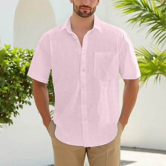 DPTALR George Men's Cotton Linen Short Sleeve Shirts,Casual Lightweight Button Down,Vacation Beach Summer Tops with Pocket,Pink,Big and Tall Men XXXL