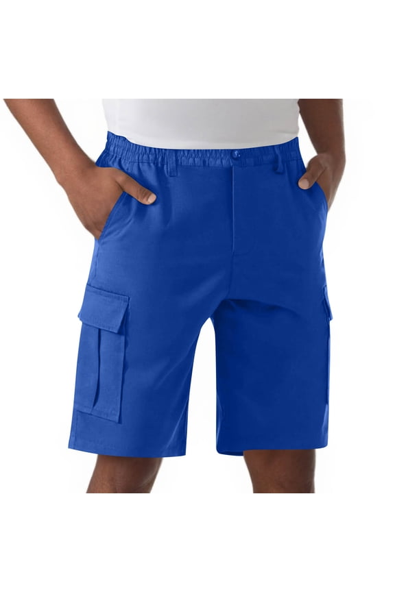 Men's Elastic Waist Knee-Length Cargo Shorts - Multiple Pockets,Casual Summer Running & Hiking Bermuda Shorts,Blue,Big and Tall Men L