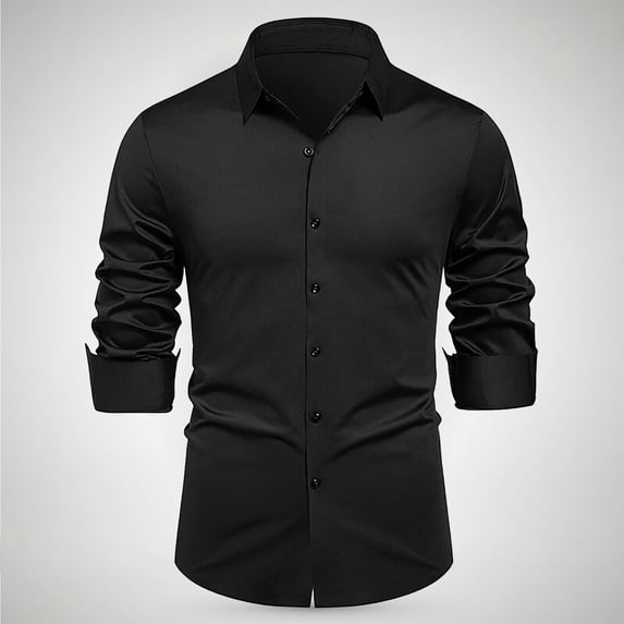 DPTALR Men's Fashion Casual Business Solid Color Long-Sleeve Shirt Button Lapel & Fashion Design,Black Big and Tall Men XXL