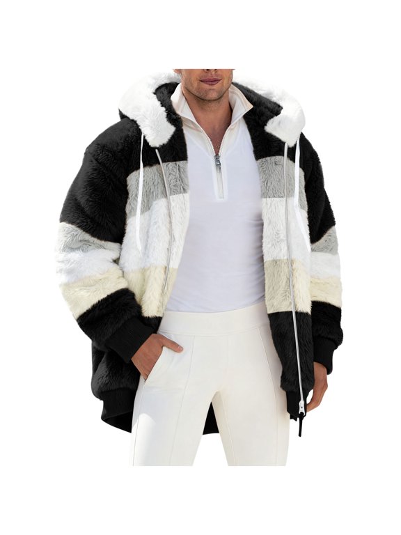 Men's Fashion Casual Patchwork Thick Jacket,Hooded with Zipper Pockets,Long Sleeves,Black,XL
