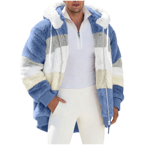 DPTALR Men's Fashion Casual Patchwork Thick Jacket,Hooded with Zipper Pockets,Long Sleeves,Blue,S