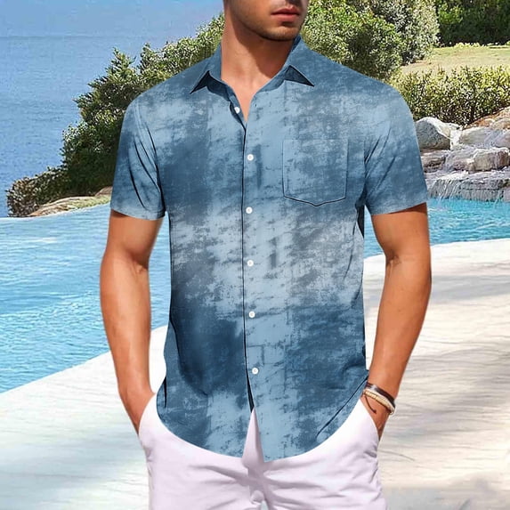 DPTALR Men's Fashion Casual Printed Turndown Collar Button Pocket Short Sleeve Shirt,Navy, M