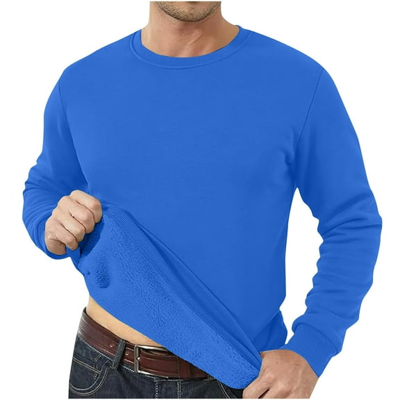 DPTALR George Men's Fashion Casual WarmThick Solid Color Easy Long Sleeve Round-Neck Loose Blouses Shirts,Blue,Big and Tall Men XXXL