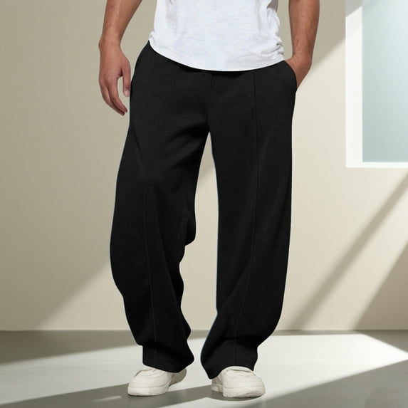 DPTALR Men's Fashion Comfy Solid Color Loose Fit Summer Drawstring Pants with Pockets,Black,Big and Tall Men XL