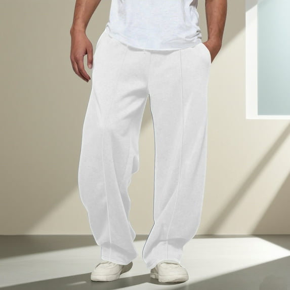 DPTALR Men's Fashion Comfy Solid Color Loose Fit Summer Drawstring Pants with Pockets,White,Big and Tall Men XL