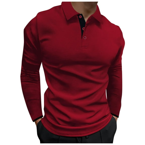 DPTALR George Men's Fashion Fitted Solid Color V-Neck Button-Down Long-Sleeve T-Shirt,Red,Big and Tall Man XXL