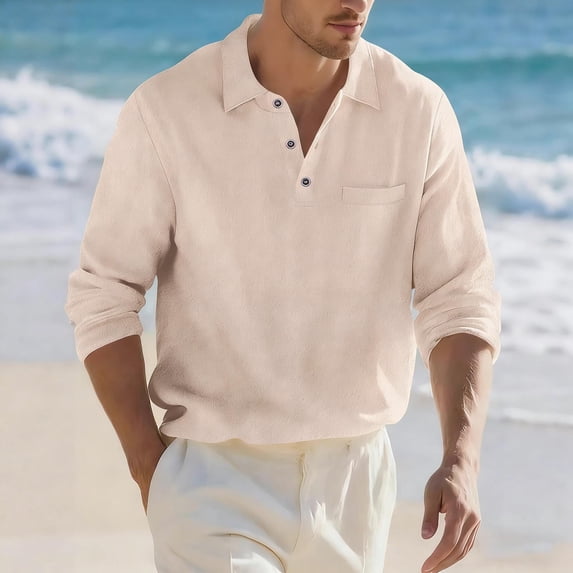 DPTALR Men's Fashion Loose Turn-Down Collar Button Pocket Long Sleeve Casual Shirt,Beige, XXL