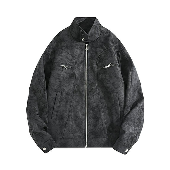 DPTALR George Men's Fashion Motorcycle Solid Color Zipper Pocket Leather Long Sleeve Jacket,Black,Big and Tall Men M